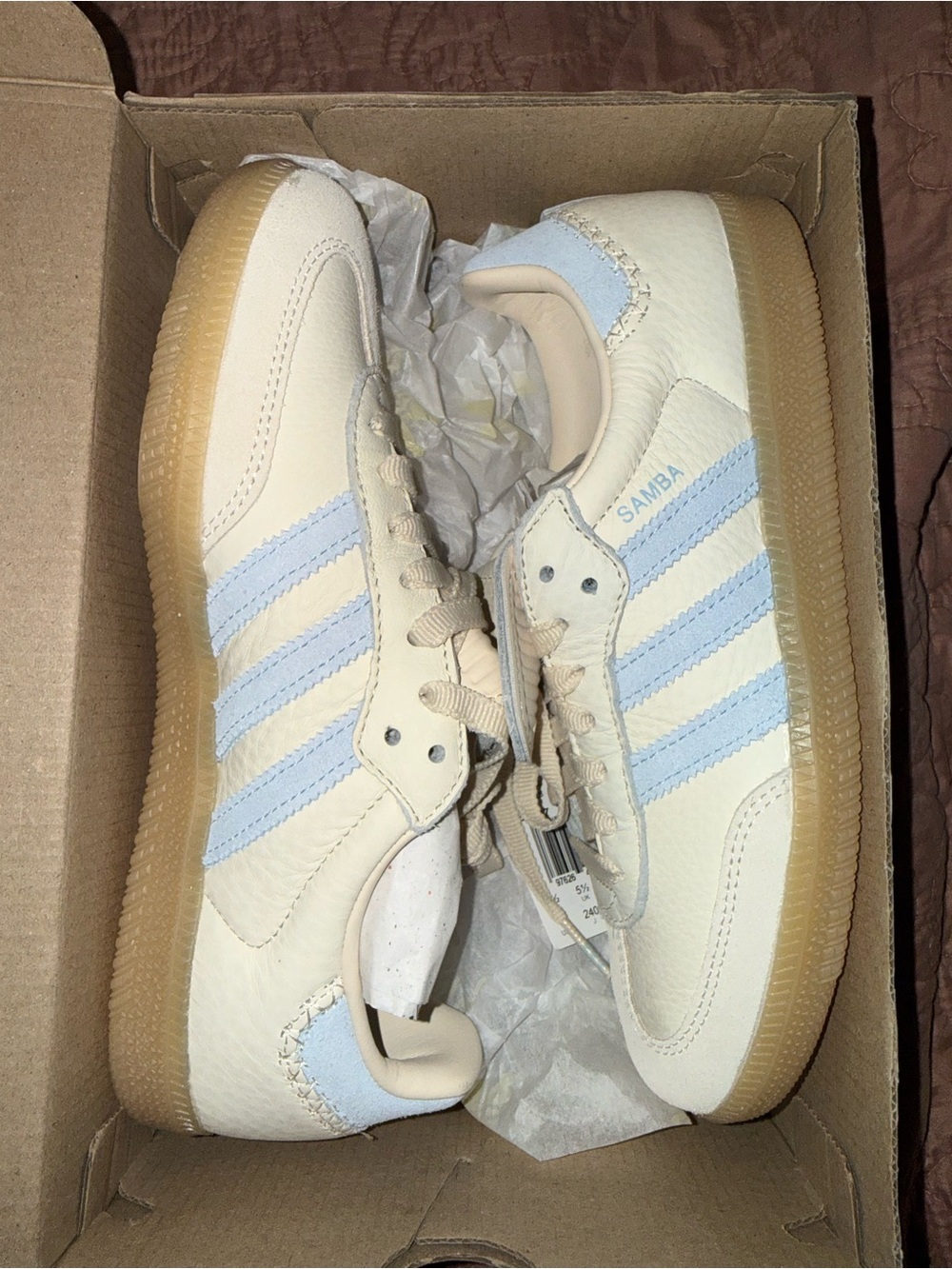 adidas Samba Cream Sneakers with Light Blue Stripes - Picture 1 of 4